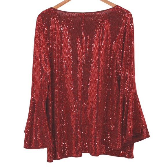 Vince Camuto Red Sequin Bell Sleeve Top Womens Plus 2X Holiday Disco Christmas - Picture 1 of 11